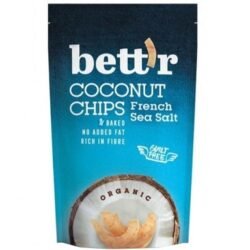 Био кокосов чипс с френска морска сол на Bett'r е с напълно опростен състав – изпечени кокосови парченца, нежно овкусени с морска сол oт biobabycare.bg