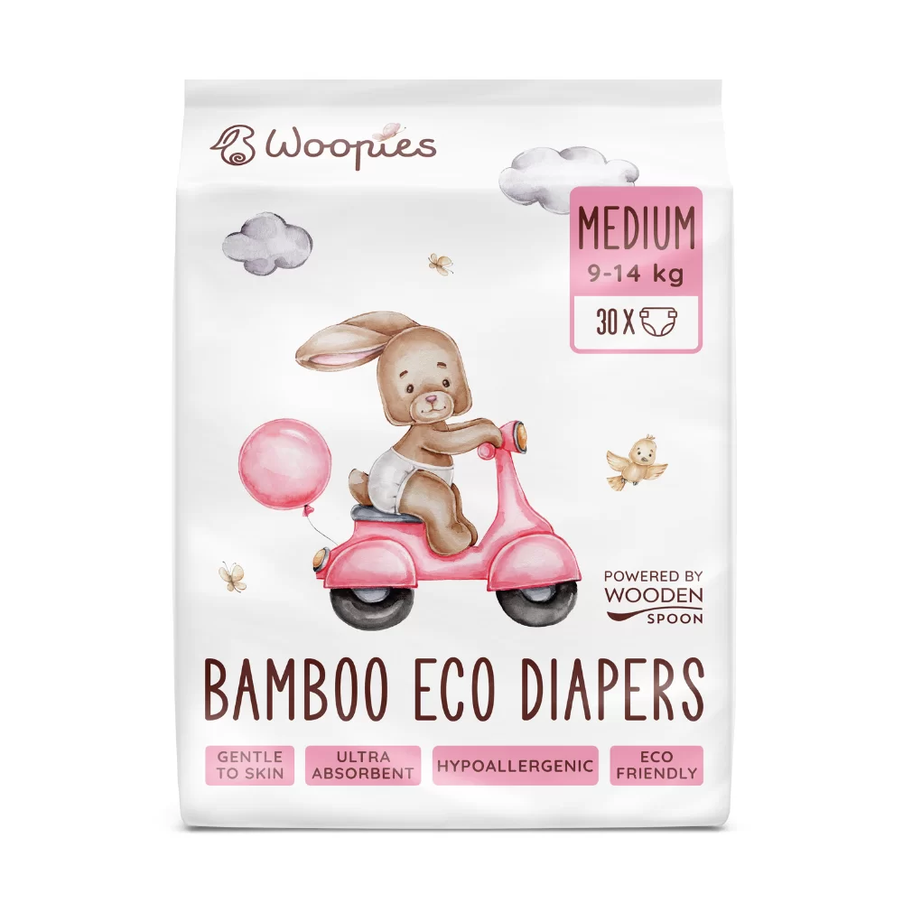 Бебешки Еко Пелени MEDIUM - Woopies са ново поколение пелени, създадени от Wooden Spoon и вдъхновени от всички майки oт biobabycare.bg