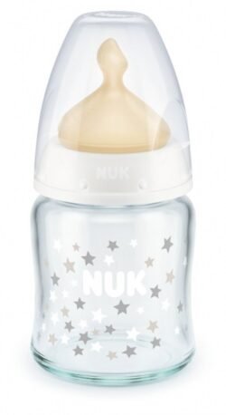 Nuk-шише стъкло 120 мл. каучук 0-6м. NUK FC стъклено шише 120мл с биберон за хранене каучук 0-6 месеца, размер М - подходящ за мляко oт biobabycare.bg