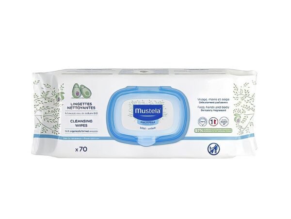 Mustela Cleansing Wipes представляват деликатно парфюмирани, хипоалергенни почистващи влажни кърпи за лице, тяло и зоната под пелената oт biobabycare.bg